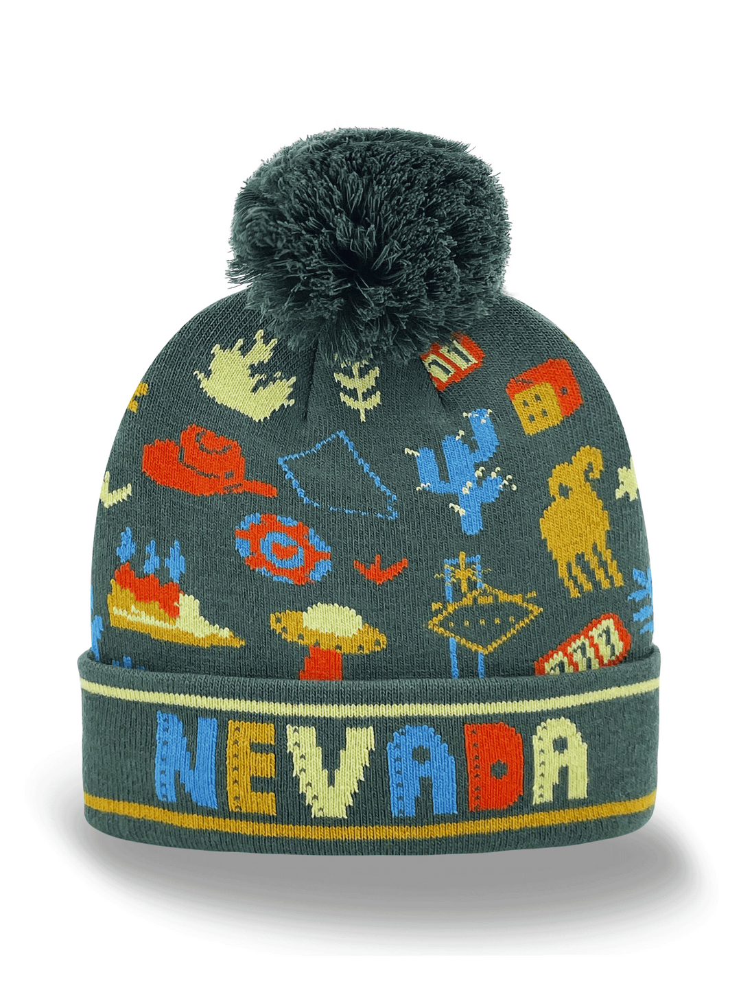 Nevada Knit Beanie with Desert, Cactus, Cowboy Hat & State Icons