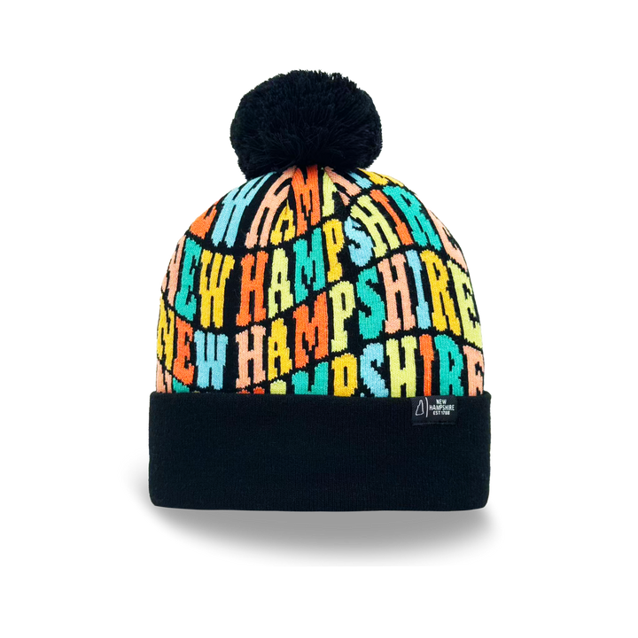New Hampshire Colorful Letter Knit Beanie – Retro Pom Pom Winter Hat with Bold Typography