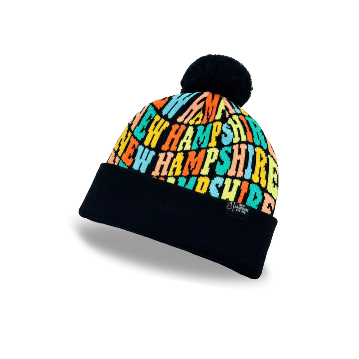 New Hampshire Colorful Letter Knit Beanie – Retro Pom Pom Winter Hat with Bold Typography