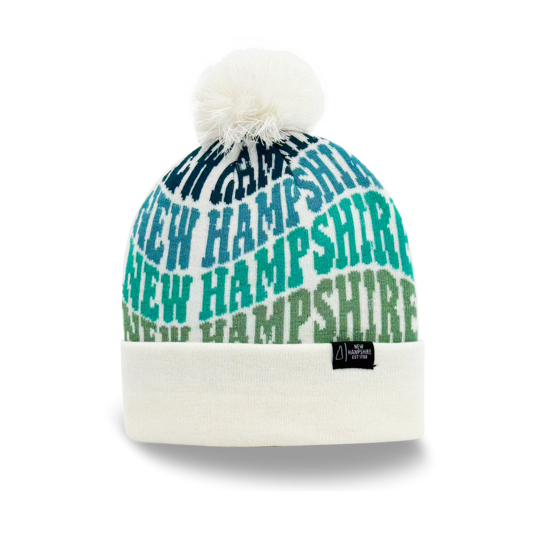 New Hampshire Colorful Letter Knit Beanie – Retro Pom Pom Winter Hat with Bold Typography