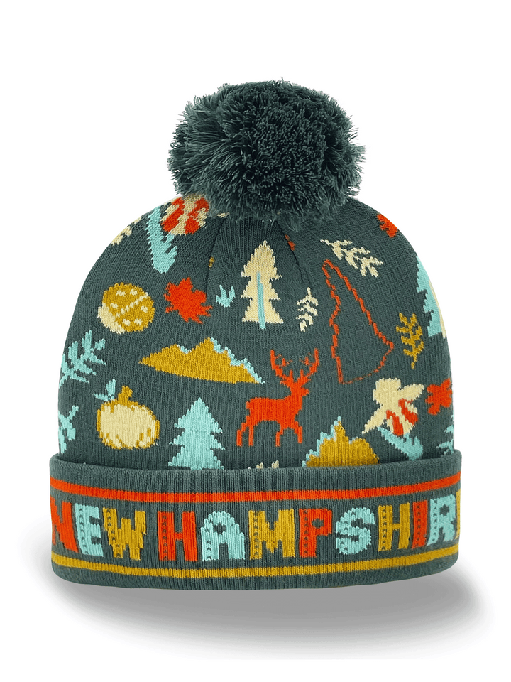 New Hampshire Knit Beanie Winter Hat with Pom Pom | White Mountains Souvenir Gift