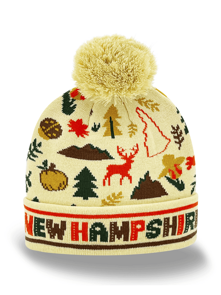 New Hampshire Knit Beanie Winter Hat with Pom Pom | White Mountains Souvenir Gift