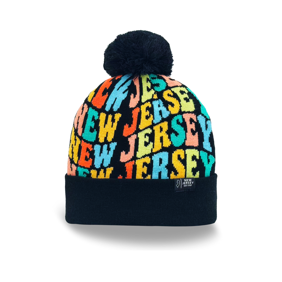 New Jersey Colorful Letter Knit Beanie – Retro Pom Pom Winter Hat with Bold Typography