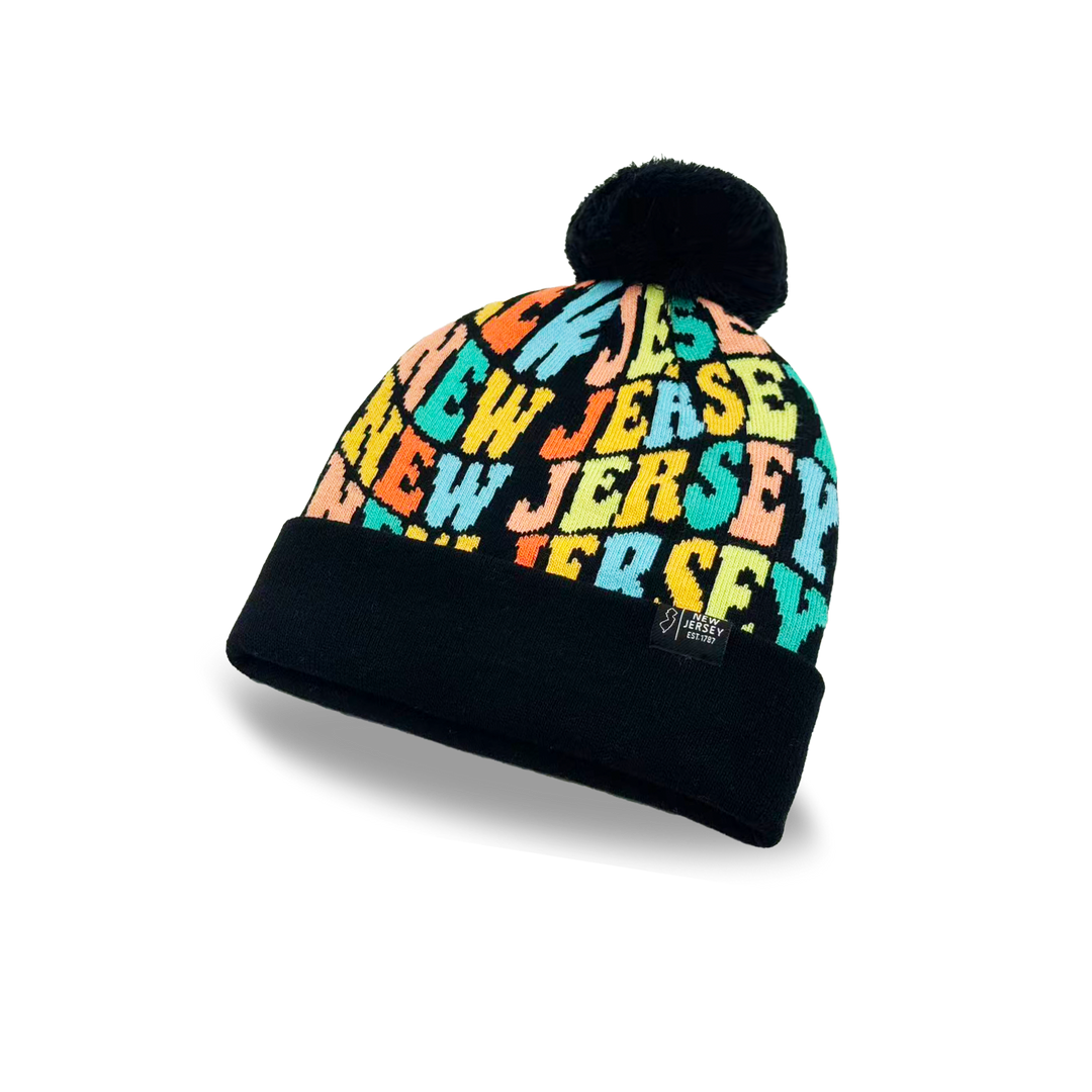 New Jersey Colorful Letter Knit Beanie – Retro Pom Pom Winter Hat with Bold Typography