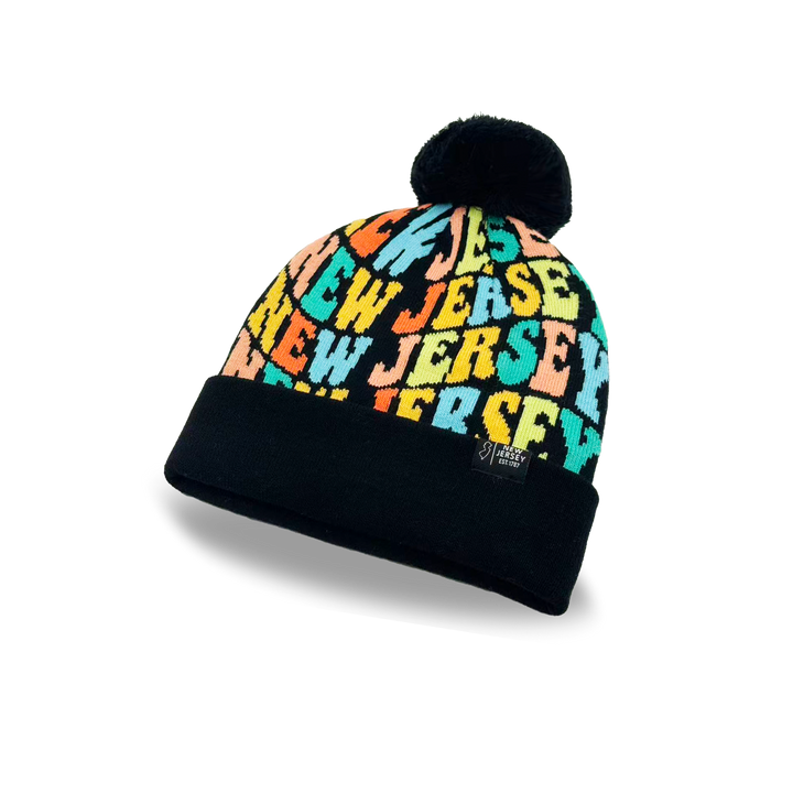 New Jersey Colorful Letter Knit Beanie – Retro Pom Pom Winter Hat with Bold Typography