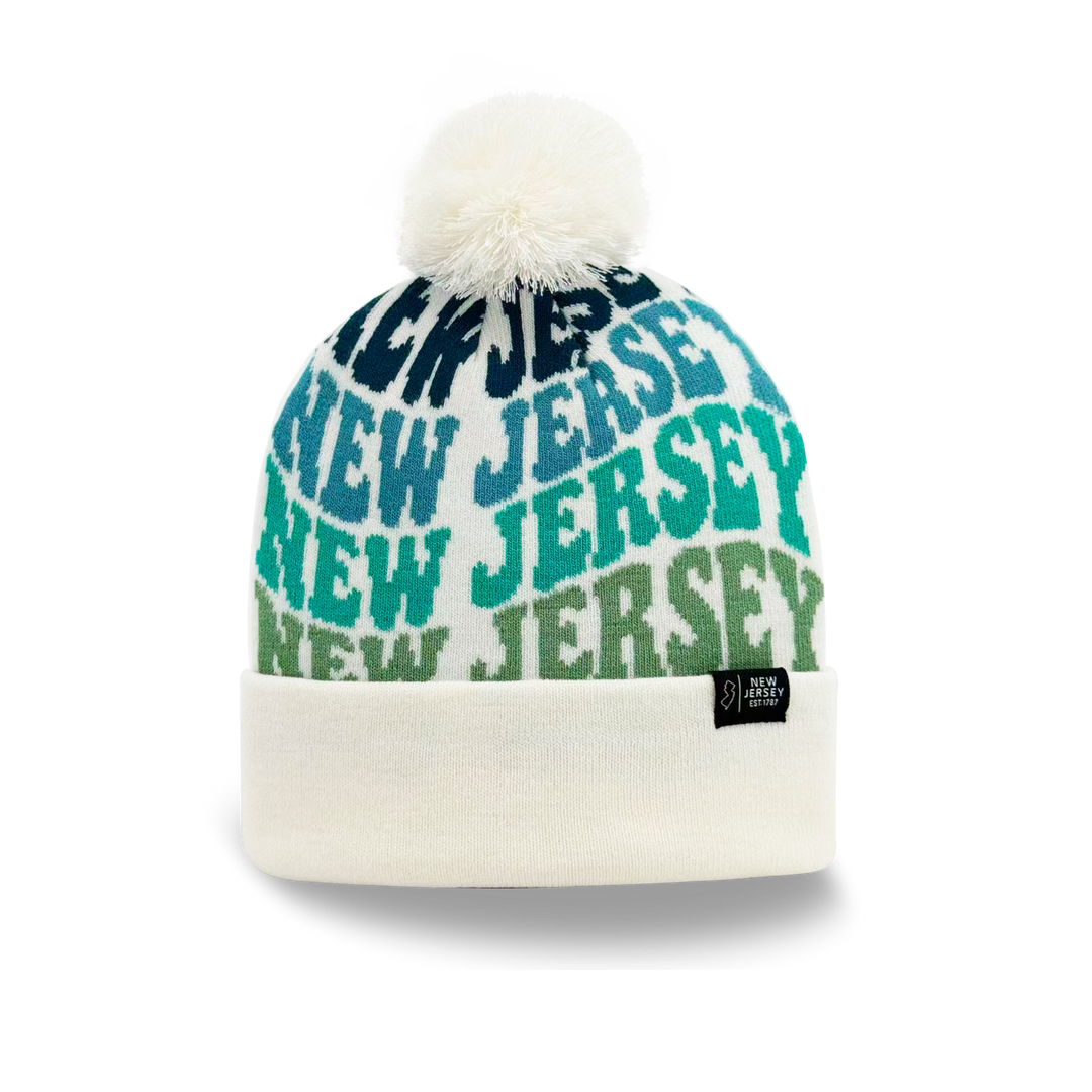 New Jersey Colorful Letter Knit Beanie – Retro Pom Pom Winter Hat with Bold Typography