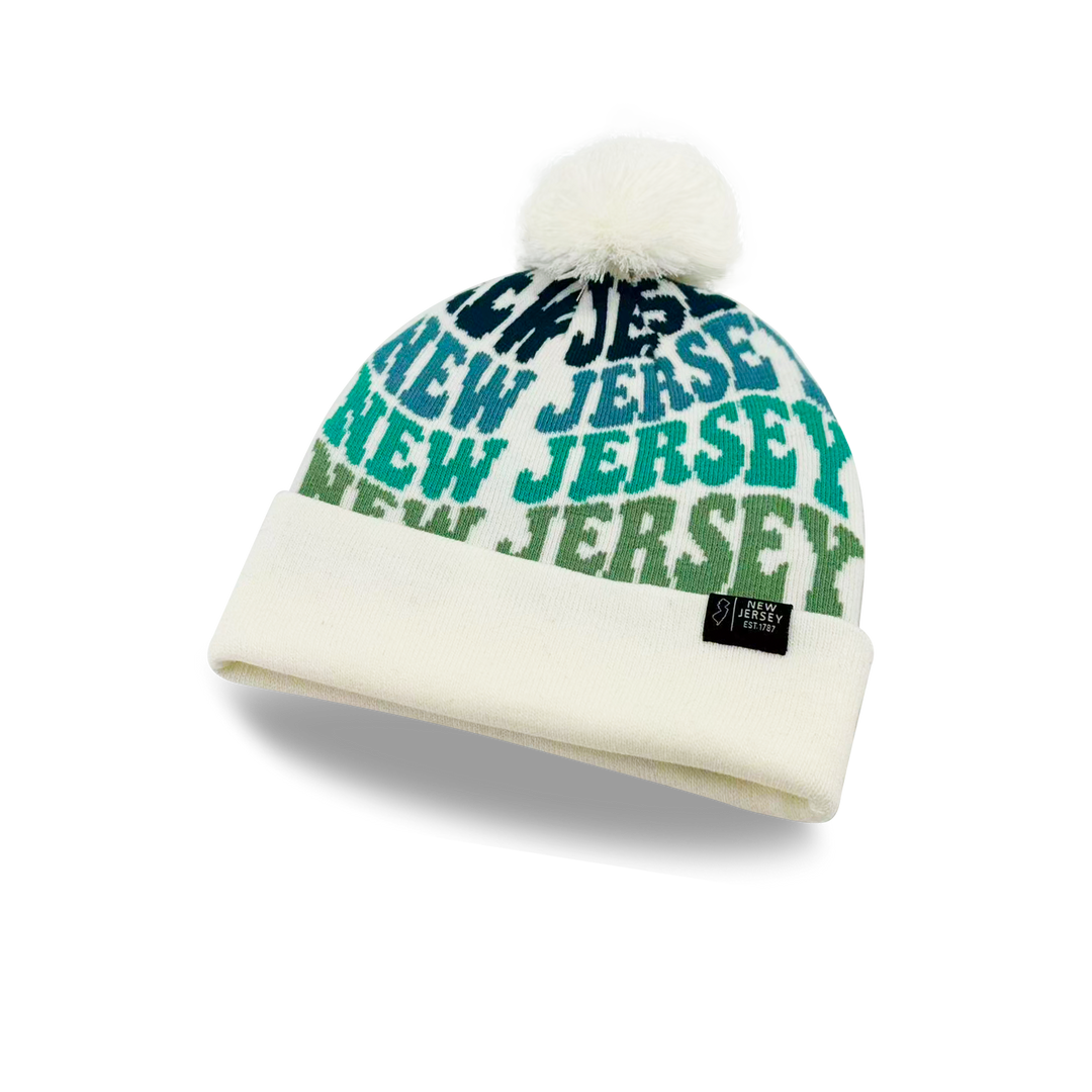 New Jersey Colorful Letter Knit Beanie – Retro Pom Pom Winter Hat with Bold Typography