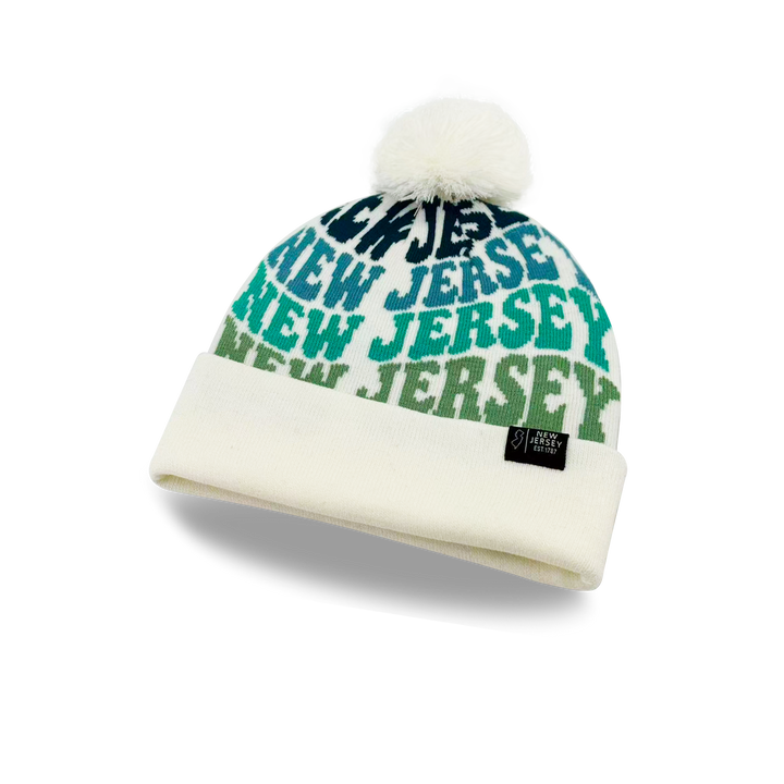 New Jersey Colorful Letter Knit Beanie – Retro Pom Pom Winter Hat with Bold Typography