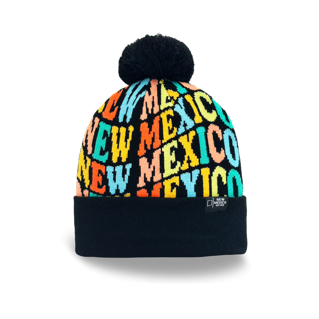 New Mexico Colorful Letter Knit Beanie – Retro Pom Pom Winter Hat with Bold Typography