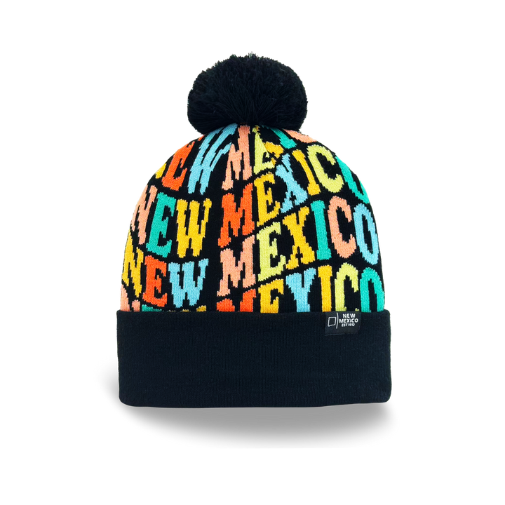 New Mexico Colorful Letter Knit Beanie – Retro Pom Pom Winter Hat with Bold Typography