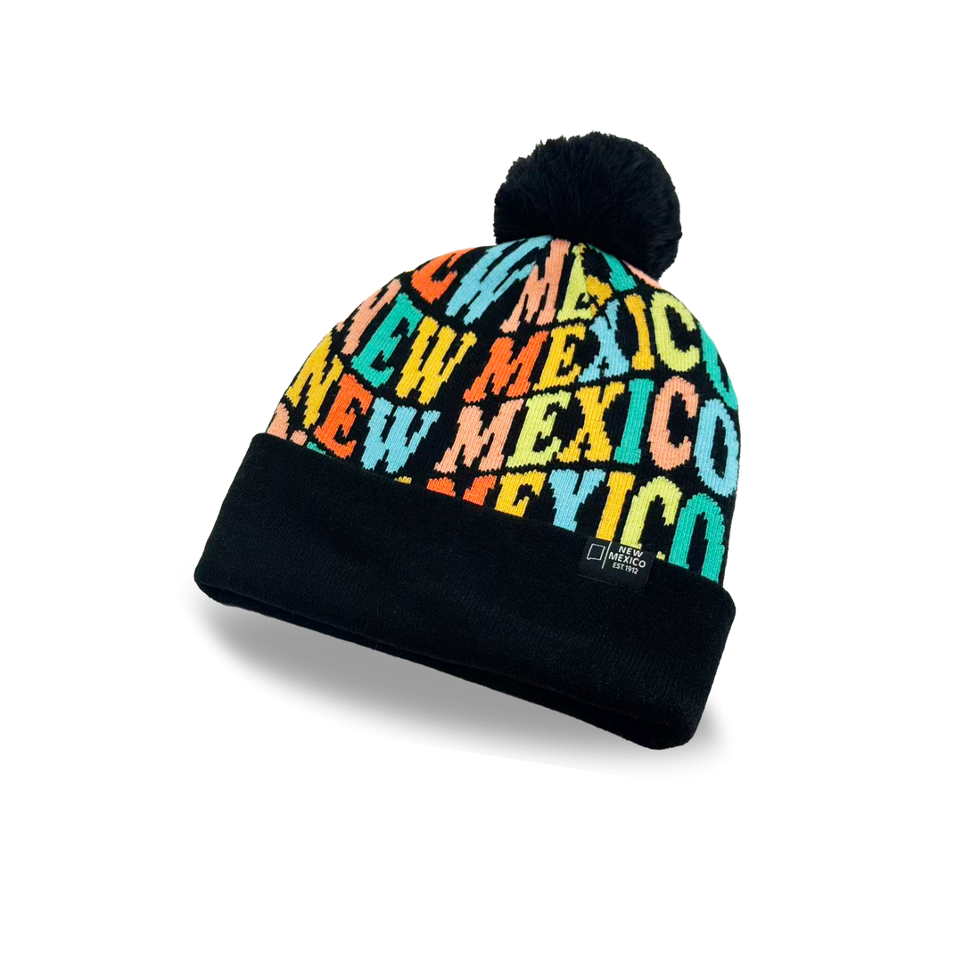 New Mexico Colorful Letter Knit Beanie – Retro Pom Pom Winter Hat with Bold Typography
