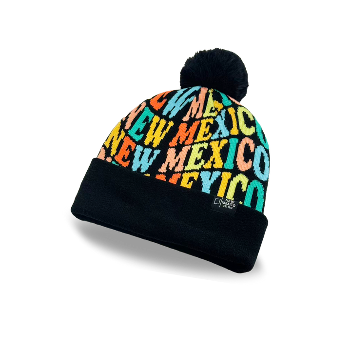 New Mexico Colorful Letter Knit Beanie – Retro Pom Pom Winter Hat with Bold Typography