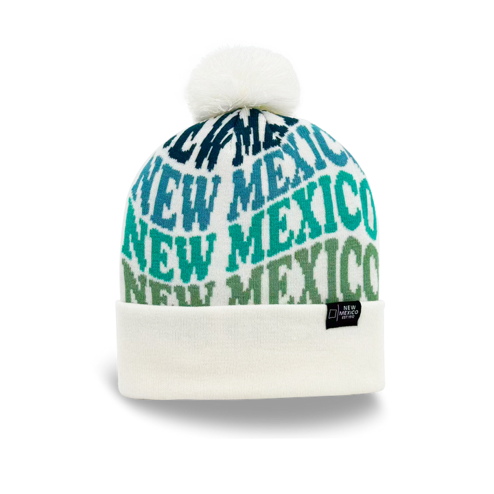 New Mexico Colorful Letter Knit Beanie – Retro Pom Pom Winter Hat with Bold Typography