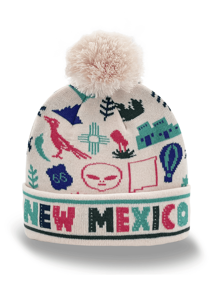 New Mexico Knit Beanie Hat with Alien Bird Balloon Pueblo Pattern Winter Pom Pom Cap