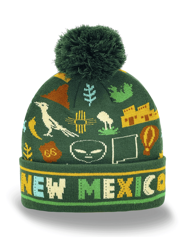 New Mexico Knit Beanie Hat with Alien Bird Balloon Pueblo Pattern Winter Pom Pom Cap