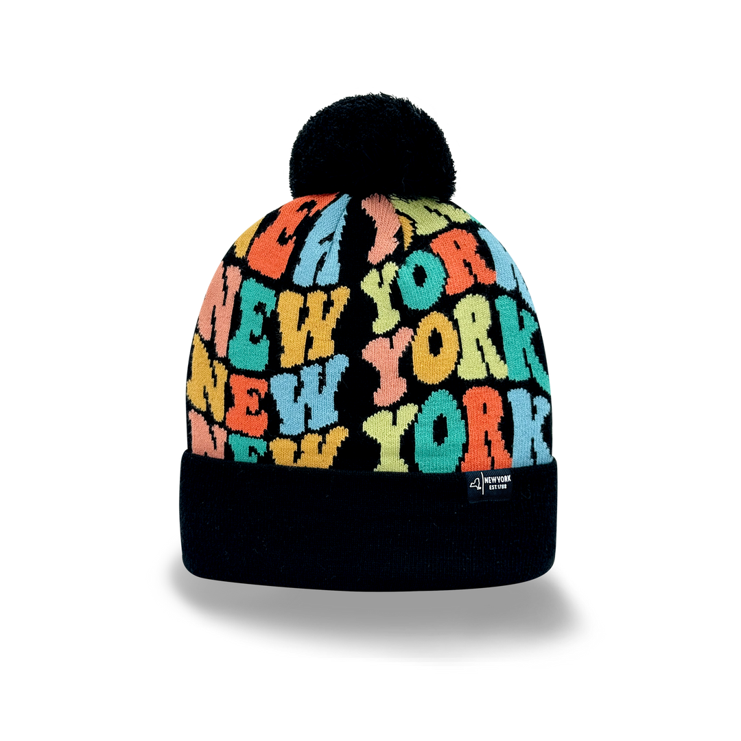 NEW YORK Colorful Knit Pom Pom Beanie - Retro Winter Hat