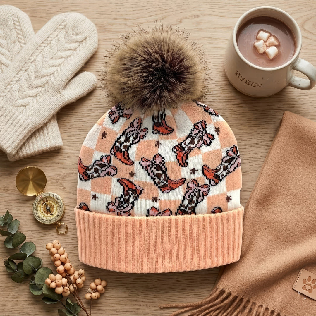 Cowgirl Boots Jacquard Pom Beanie | Buffalo Plaid Knit Winter Hat