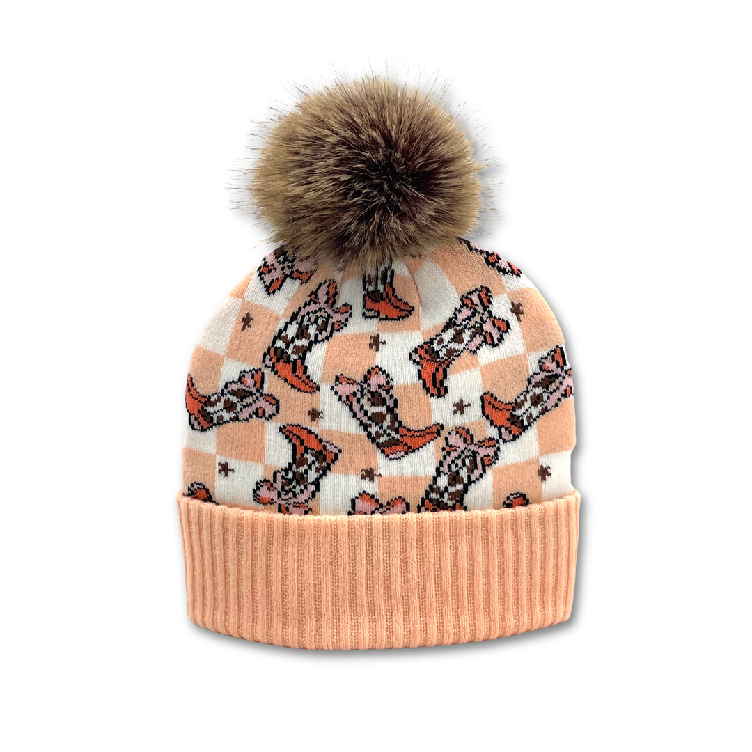 Cowgirl Boots Jacquard Pom Beanie | Buffalo Plaid Knit Winter Hat