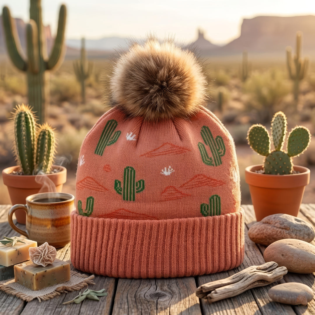 Desert Cactus Jacquard Pom Beanie | Southwestern Knit Winter Beanie