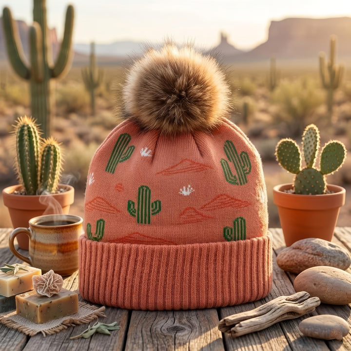 Desert Cactus Jacquard Pom Beanie | Southwestern Knit Winter Beanie