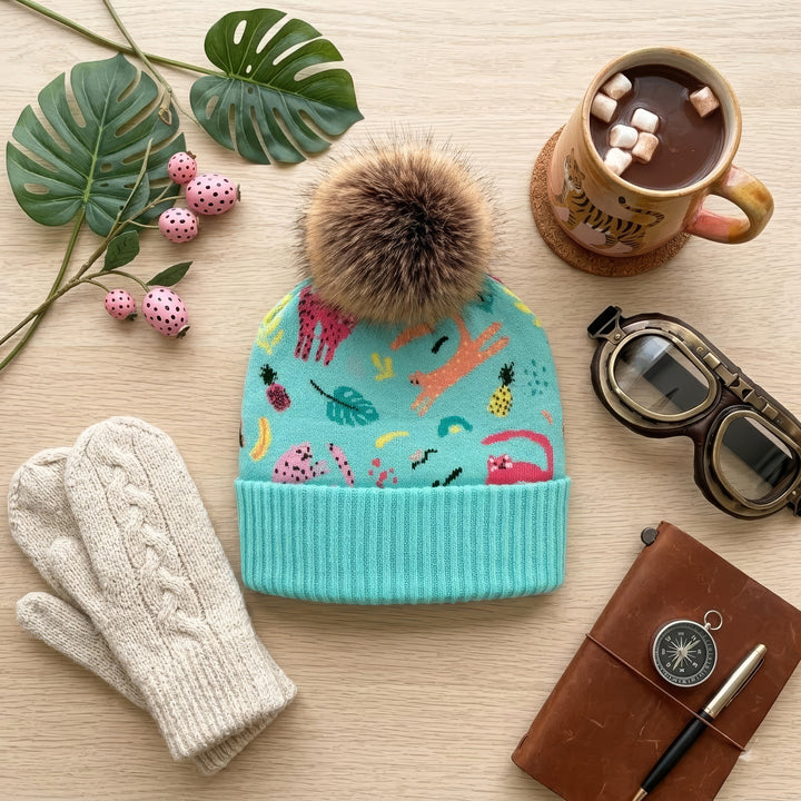 Tropical Animal Jacquard Pom Beanie | Adult Winter Knit Hat with Faux Fur Pom