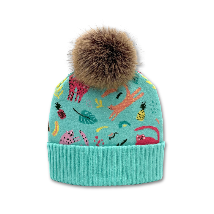 Tropical Animal Jacquard Pom Beanie | Adult Winter Knit Hat with Faux Fur Pom