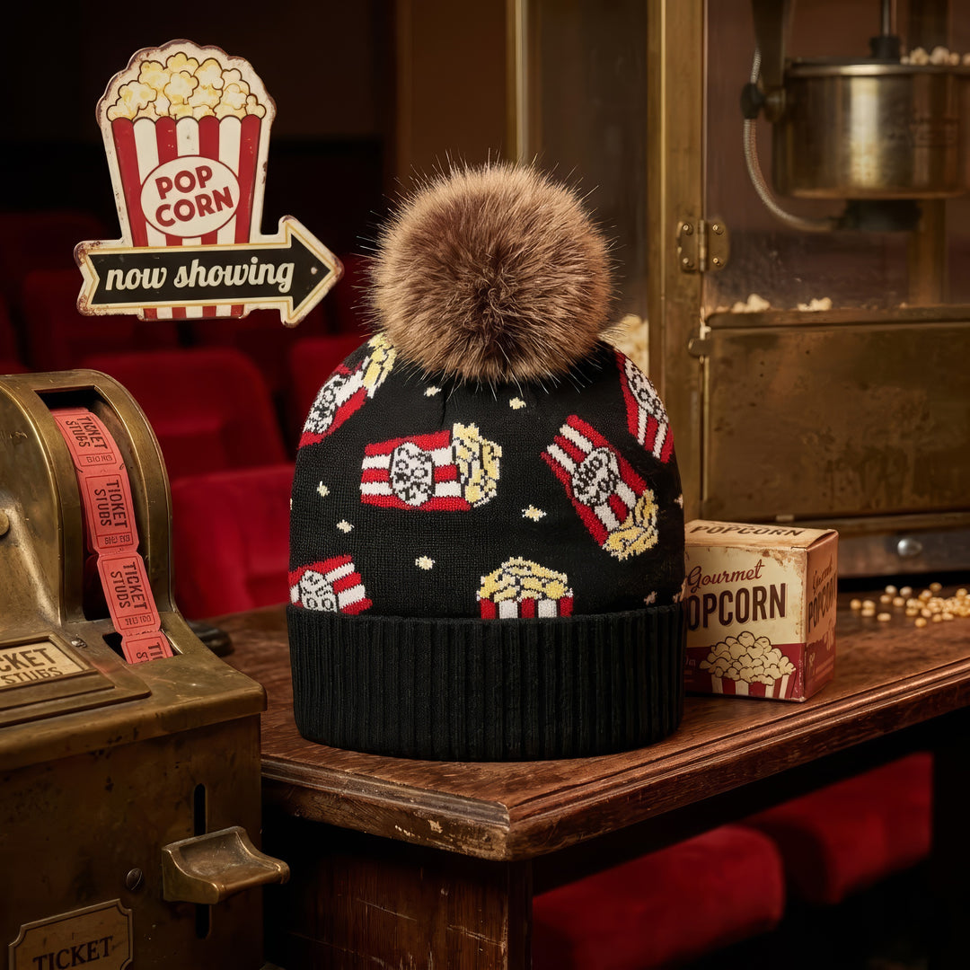 Popcorn Jacquard Pom Beanie | Adult Winter Knit Hat with Faux Fur Pom