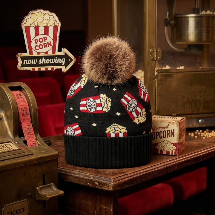 Popcorn Jacquard Pom Beanie | Adult Winter Knit Hat with Faux Fur Pom