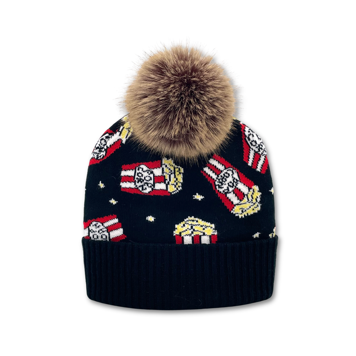 Popcorn Jacquard Pom Beanie | Adult Winter Knit Hat with Faux Fur Pom