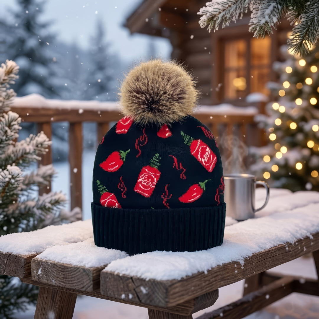 Spicy Pepper & Hot Sauce Jacquard Pom Beanie | Adult Winter Knit Hat with Faux Fur Pom