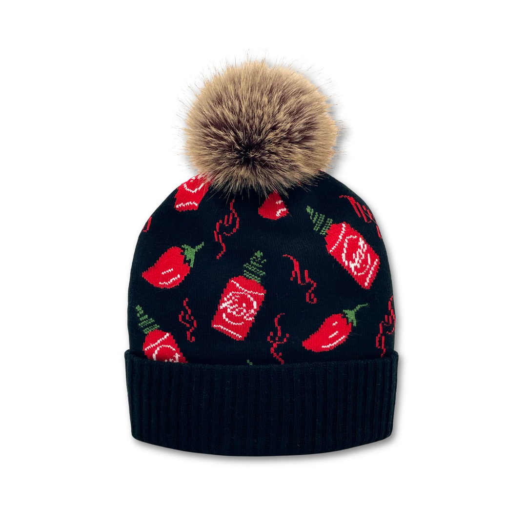 Spicy Pepper & Hot Sauce Jacquard Pom Beanie | Adult Winter Knit Hat with Faux Fur Pom