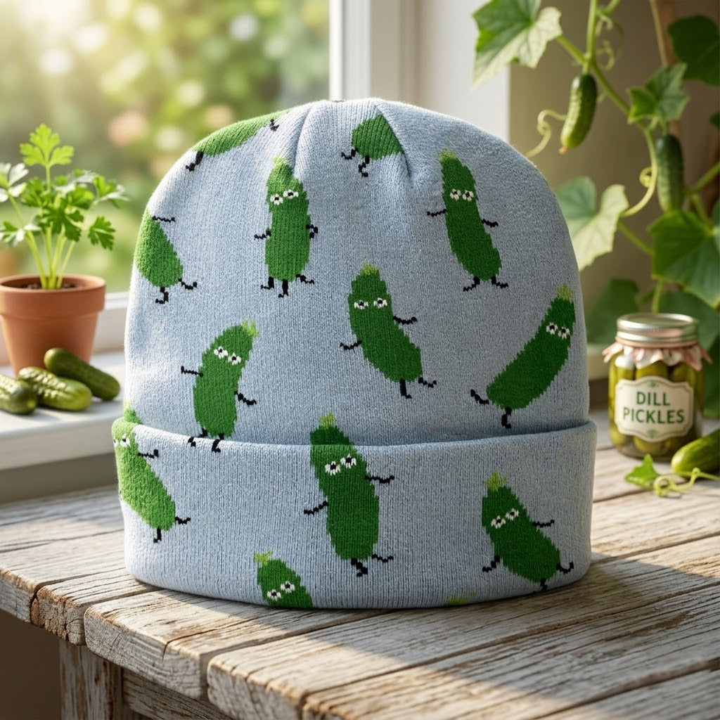Funny Pickle Jacquard Knit Beanie | Adult Winter Cuffed Hat