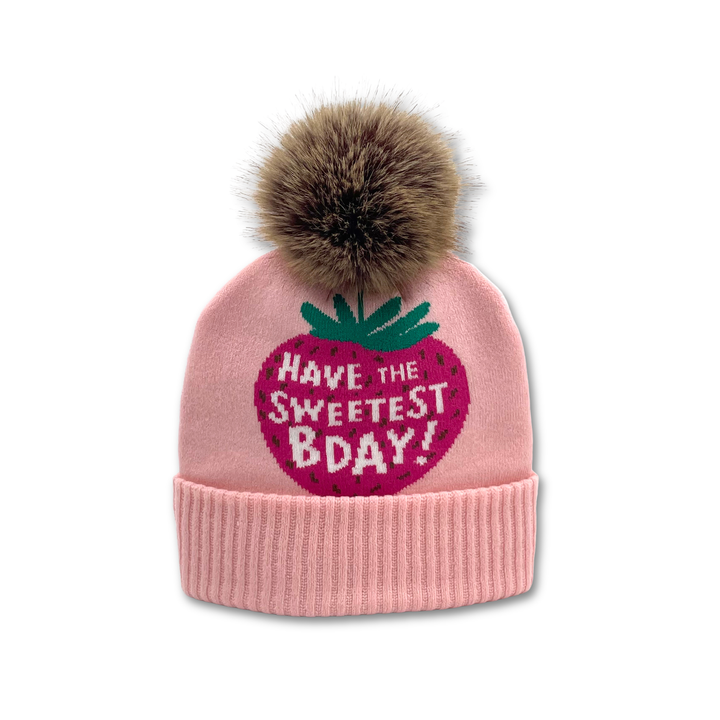 Sweet Strawberry Jacquard Pom Beanie | Adult Winter Knit Hat with Faux Fur Pom