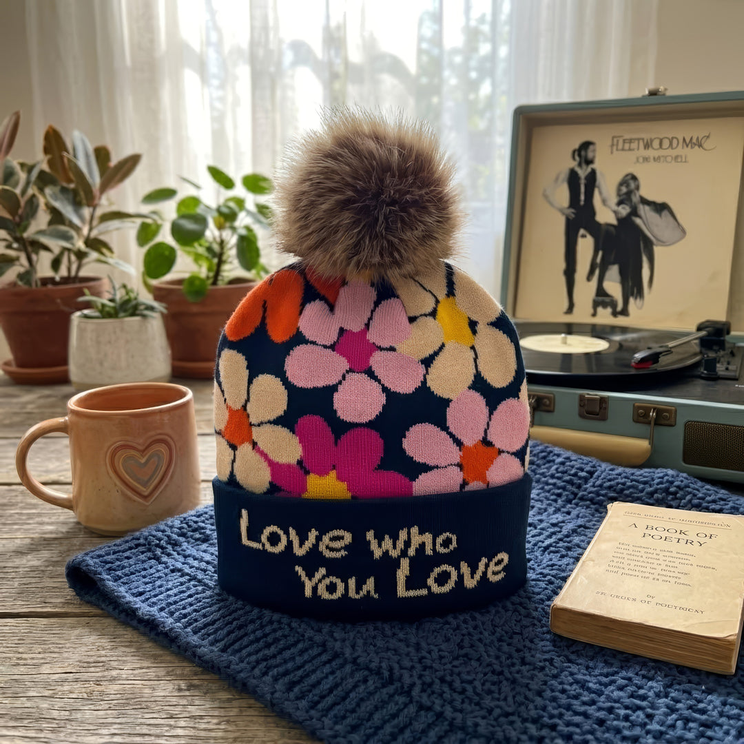 Floral Jacquard Pom Beanie | Adult Winter Knit Hat with Faux Fur Pom