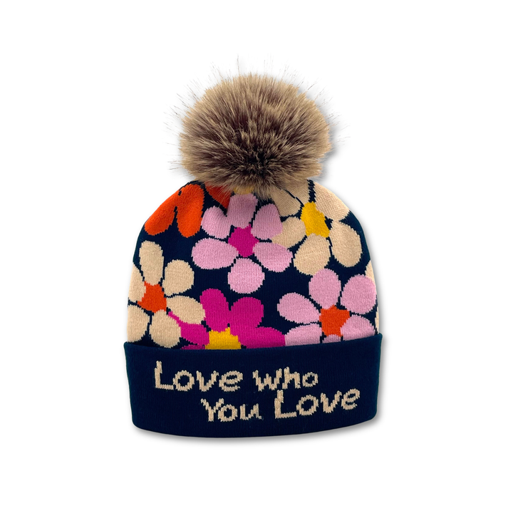 Floral Jacquard Pom Beanie | Adult Winter Knit Hat with Faux Fur Pom