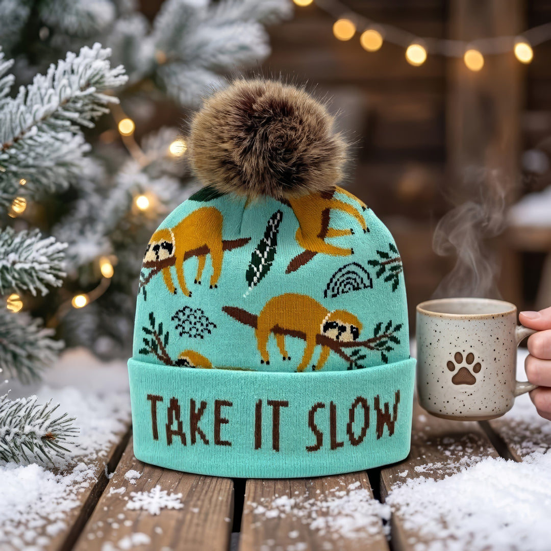 Sloth Jacquard Pom Beanie | Adult Winter Knit Hat with Faux Fur Pom