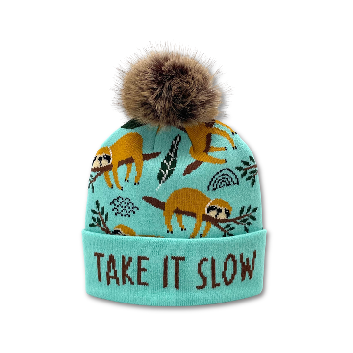 Sloth Jacquard Pom Beanie | Adult Winter Knit Hat with Faux Fur Pom