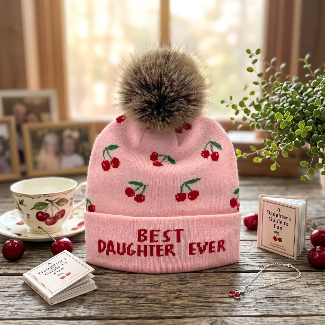 Cherry Jacquard Pom Beanie | Adult Winter Knit Hat with Faux Fur Pom