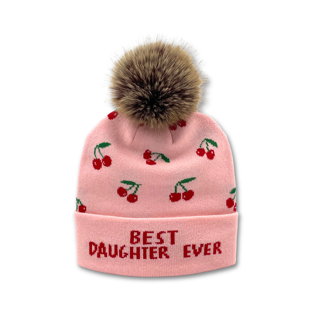 Cherry Jacquard Pom Beanie | Adult Winter Knit Hat with Faux Fur Pom