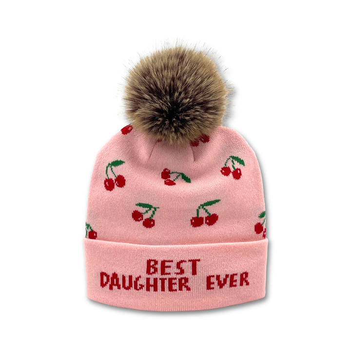 Cherry Jacquard Pom Beanie | Adult Winter Knit Hat with Faux Fur Pom
