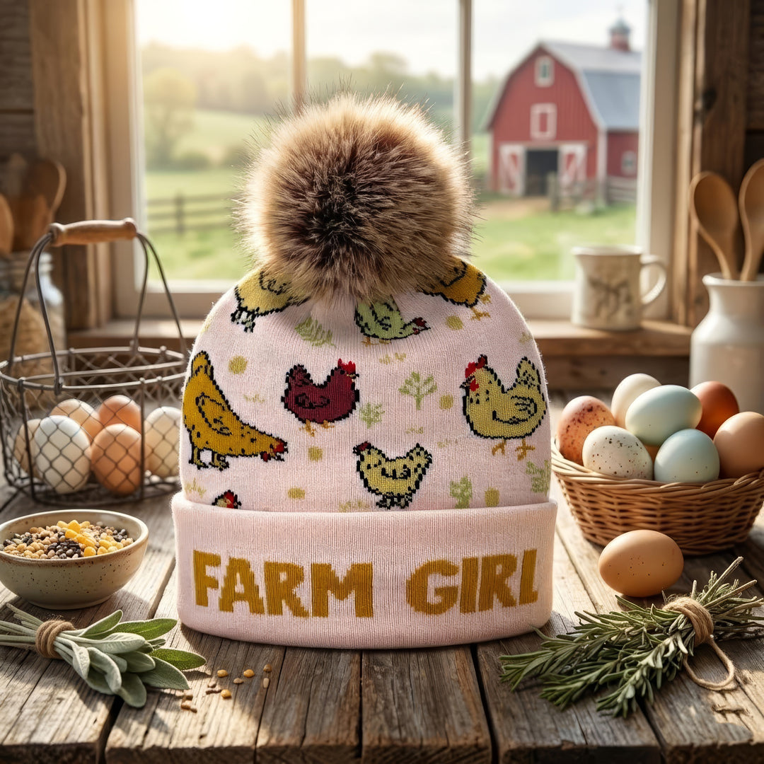 Farm Animal Jacquard Pom Beanie | Adult Winter Knit Hat with Faux Fur Pom
