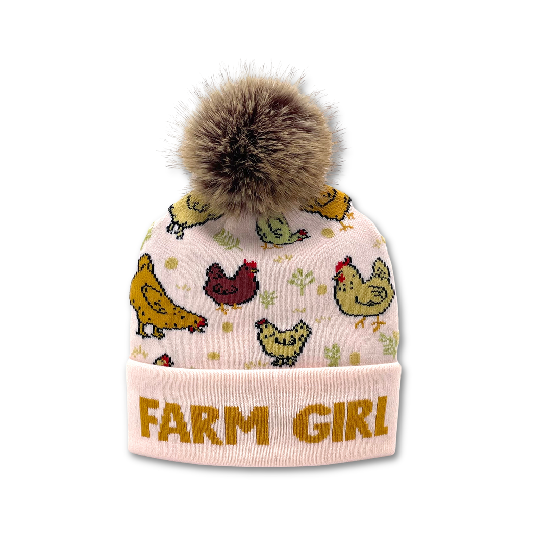 Farm Animal Jacquard Pom Beanie | Adult Winter Knit Hat with Faux Fur Pom