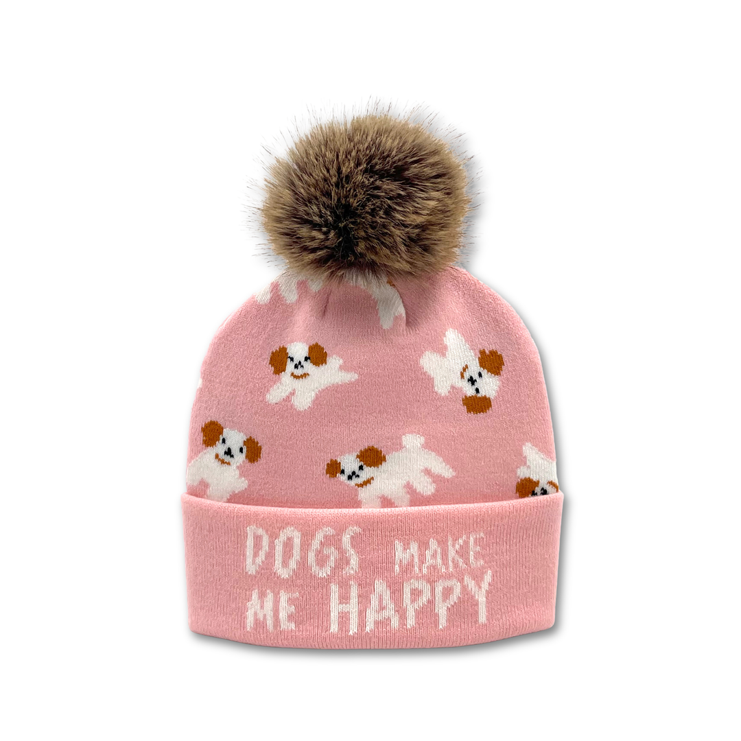 Dog Jacquard Pom Beanie | Adult Winter Knit Hat with Faux Fur Pom