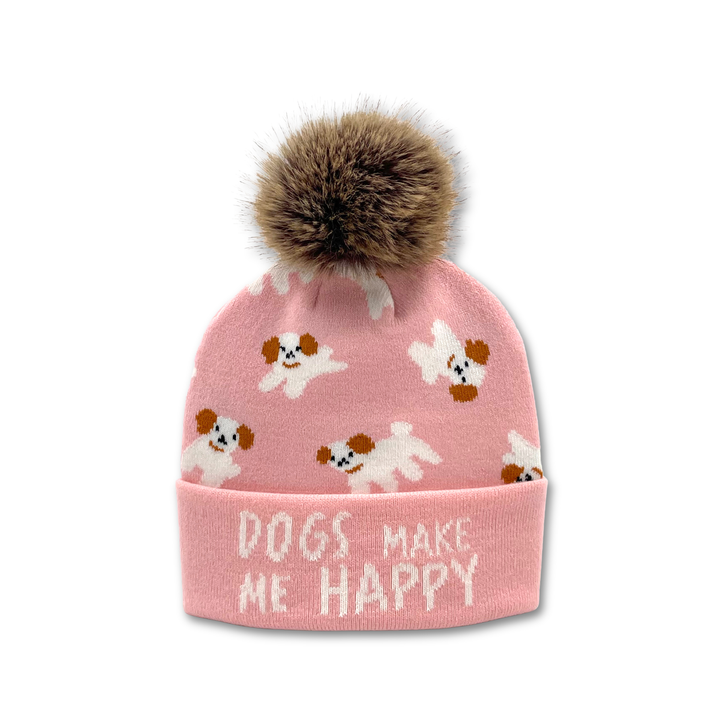 Dog Jacquard Pom Beanie | Adult Winter Knit Hat with Faux Fur Pom