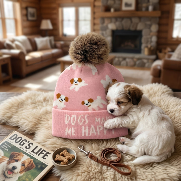 Dog Jacquard Pom Beanie | Adult Winter Knit Hat with Faux Fur Pom