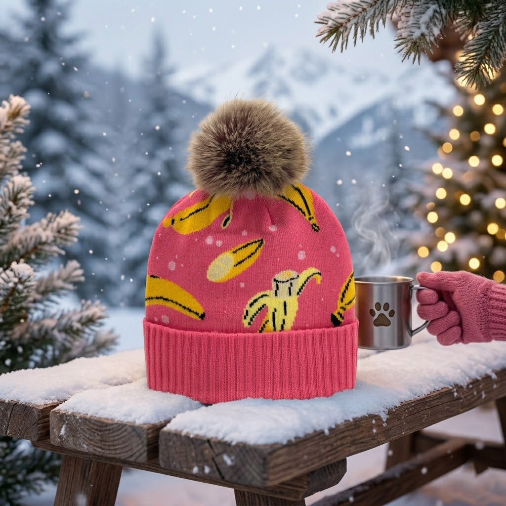 Banana Jacquard Pom Beanie | Adult Winter Knit Hat with Faux Fur Pom