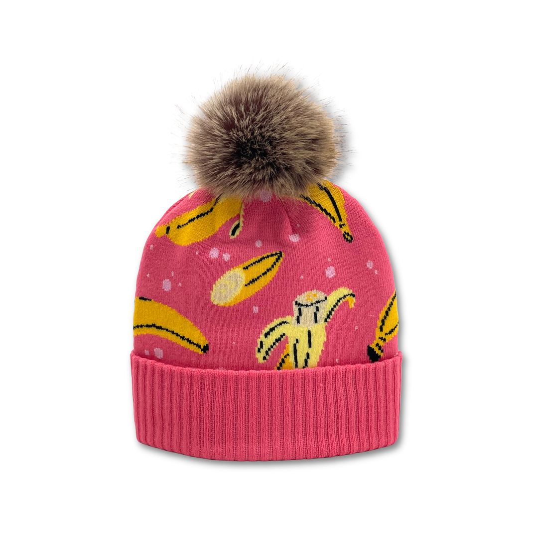 Banana Jacquard Pom Beanie | Adult Winter Knit Hat with Faux Fur Pom