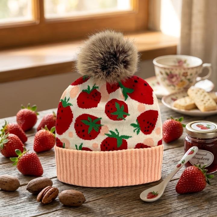 Strawberry Jacquard Pom Beanie | Adult Winter Knit Hat with Faux Fur Pom