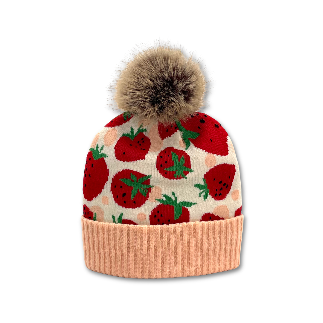 Strawberry Jacquard Pom Beanie | Adult Winter Knit Hat with Faux Fur Pom