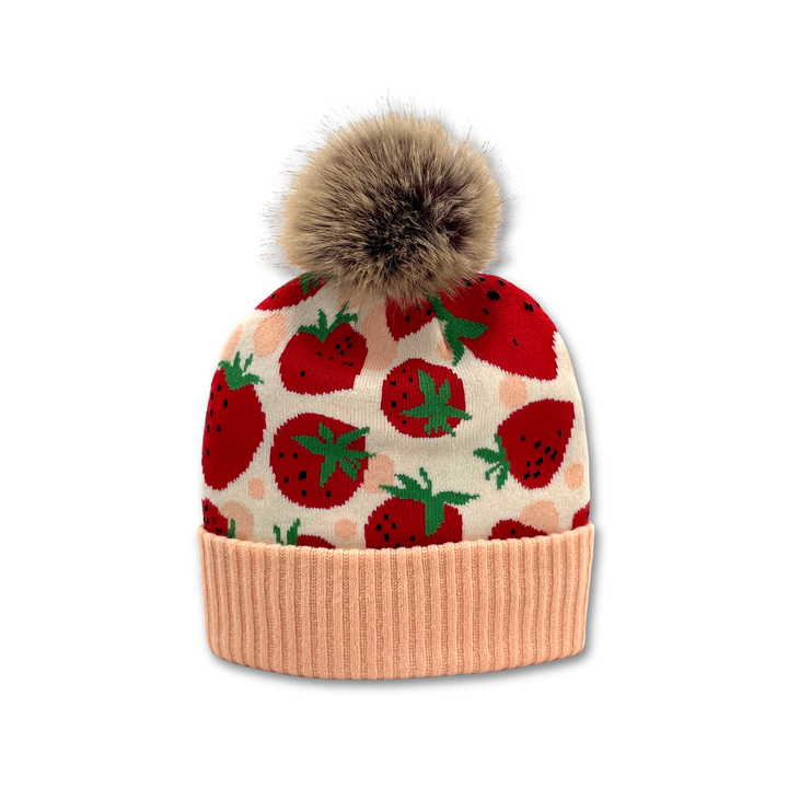Strawberry Jacquard Pom Beanie | Adult Winter Knit Hat with Faux Fur Pom